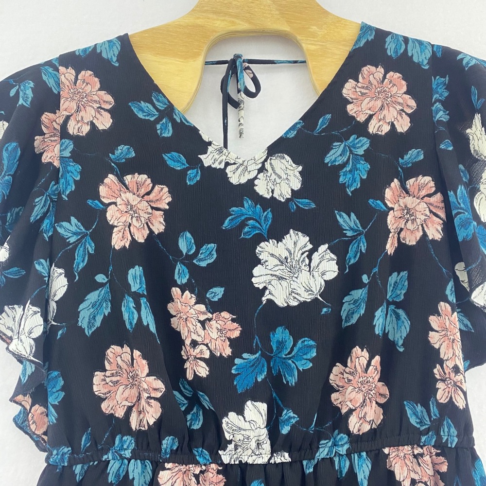 Merona Floral Dress Ruffle Sleeve V Neck Black Pink White‎ XXL